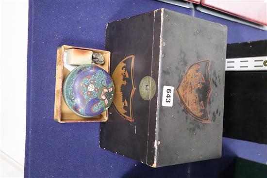 A Japanese lacquer box, width 25cm, a cloisonne lidded box and a hardstone seal